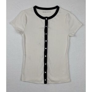Abercrombie & Fitch Ribbed Button Front Short Sleeve Top Cream Black Women's S